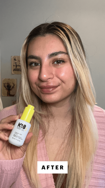 Hussein after applying the K18 Molecular Repair Hair Oil